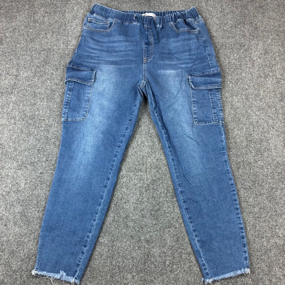 YMI Low Rise Cargo Jeans Womens XL Blue Denim Pull On Elastic Waist Raw Hem ZB67